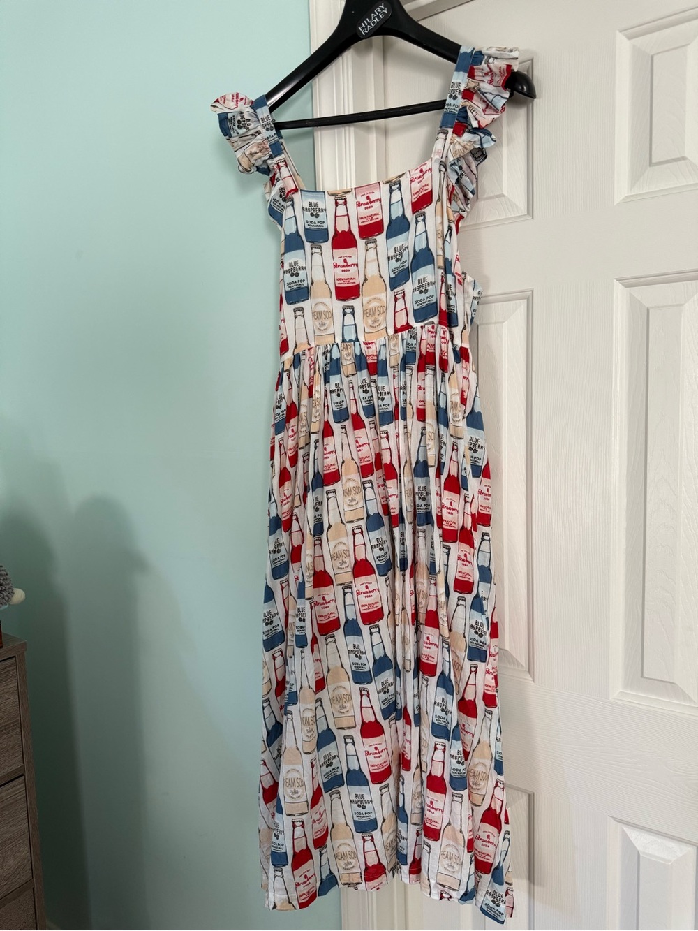 Pink Chicken Bottle-Print Ruffle-Shoulder Midi Dress in Red, Blue, Cream